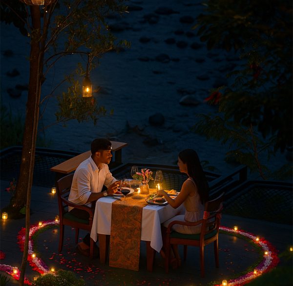 A romantic dinner setting at Natya River Sidemen